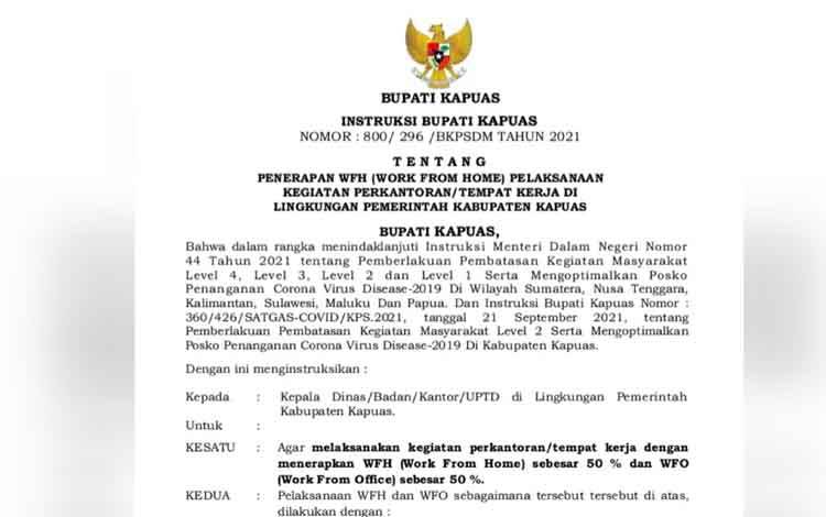 PPKM Level 2, Penerapan WFH Lingkungan Perkantoran di Kapuas 50 Persen