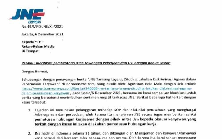 JNE Express Klarifikasi Iklan Lowongan Kerja CV BBL yang Mengundang Protes
