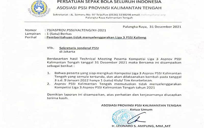 Asprov PSSI Batalkan Gelaran Liga 3 Zona Kalteng