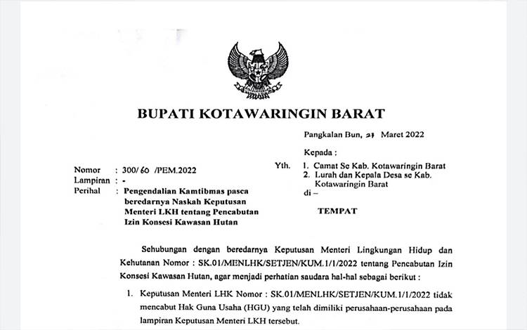 Antisipasi Klaim Lahan Perkebunan, Bupati Kobar Keluarkan Surat Edaran ini