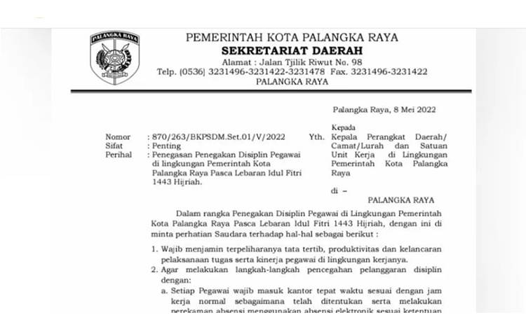Pemko Palangka Raya Tidak Terapkan WFH Setelah Lebaran