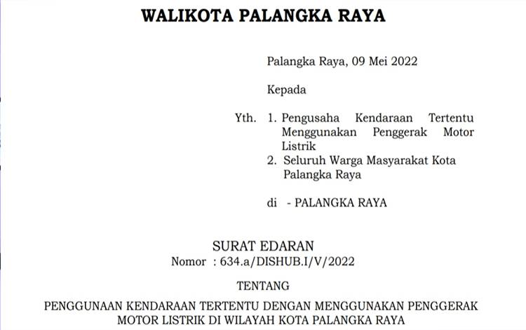 Ini Isi Lengkap Edaran Wali Kota Palangka Raya Terkait Penggunaan Kendaraan Listrik