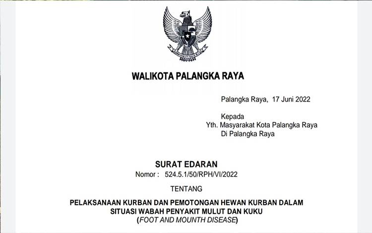 Pemko Palangka Raya Terbitkan Edaran Pemotongan Hewan Kurban