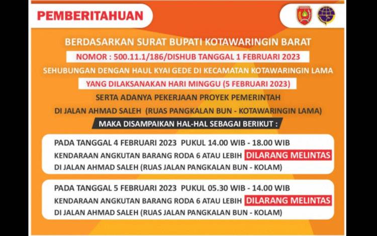 Jelang Haul Kyai Gede, Dishub Kobar Lakukan Pembatasan Kendaraan Roda 6 Melintasi Jalan Pangkalan Bun-Kolam?