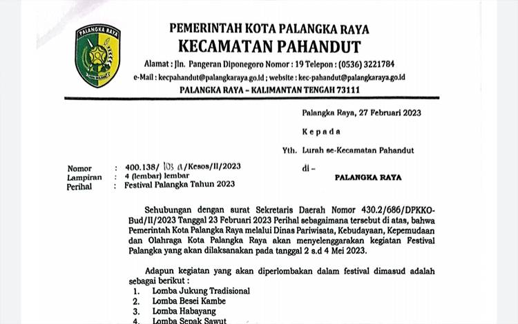 Camat Pahandut Surati Lurah Agar Sukseskan Festival Palangka Raya 2023