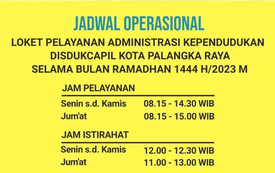 Dinas Dukcapil Palangka Raya Ubah Jadwal Operasional Loket Administrasi Selama Ramadan