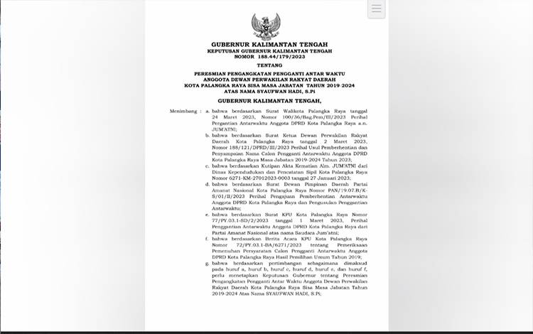Almarhum Jum'atni Resmi Diberhentikan Anggota DPRD Palangka Raya, Syaufwan Hadi Penggantinya