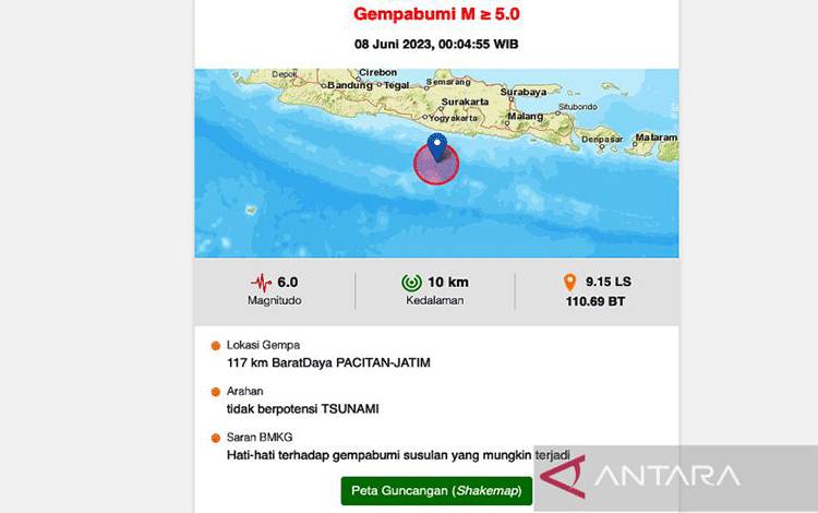 Gempa Magnitudo 6,0 Guncang Barat Daya Pacitan Jatim