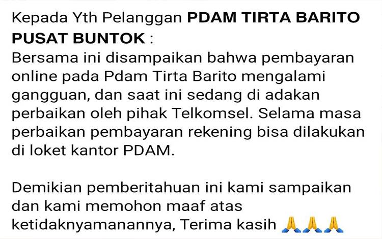 Pembayaran Tagihan Online PDAM Tirta Barito Tidak Bisa, Ini Penyebabnya
