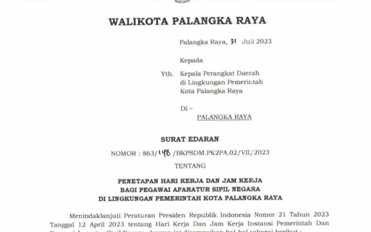 Wali Kota Palangka Raya Terbitkan Aturan dan Jam Kerja ASN