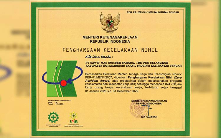 Delapan Pabrik Kelapa Sawit SSMS Dapatkan Zero Accident Award dari Kemnaker RI