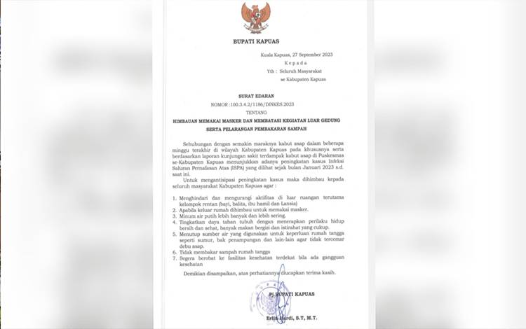 Pj Bupati Kapuas Terbitkan SE Imbauan Pakai Masker Antisipasi Dampak Kabut Asap