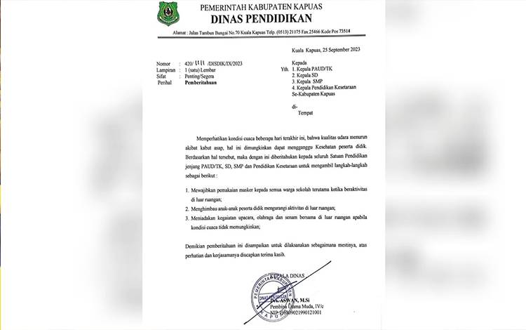 Antisipasi Dampak Kabut Asap, Disdik Kapuas Berikan Imbauan Ini ke Satuan Pendidikan