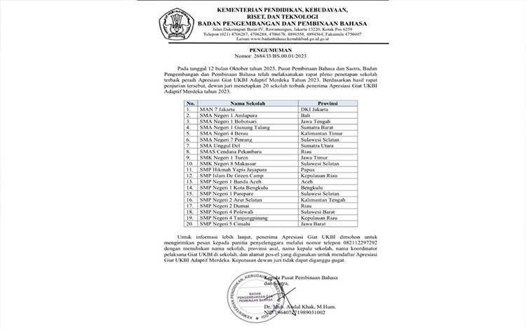 Satu Sekolah di Kalteng Terima Apresiasi Giat UKBI Adaptif Merdeka Tahun 2023