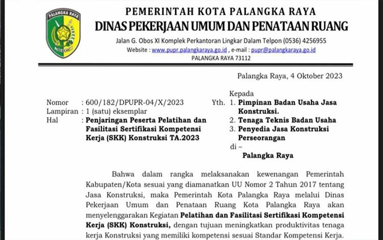 PUPR Palangka Raya Buka Pendaftaran Pelatihan SKK Konstruksi