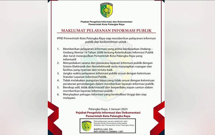 Kepala Diskominfo SP Palangka Raya Keluarkan Maklumat Pelayanan Informasi Publik