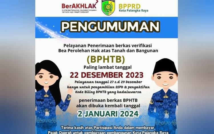 Layanan Penerimaan Berkas BPHTB Sampai 22 Desember 2023