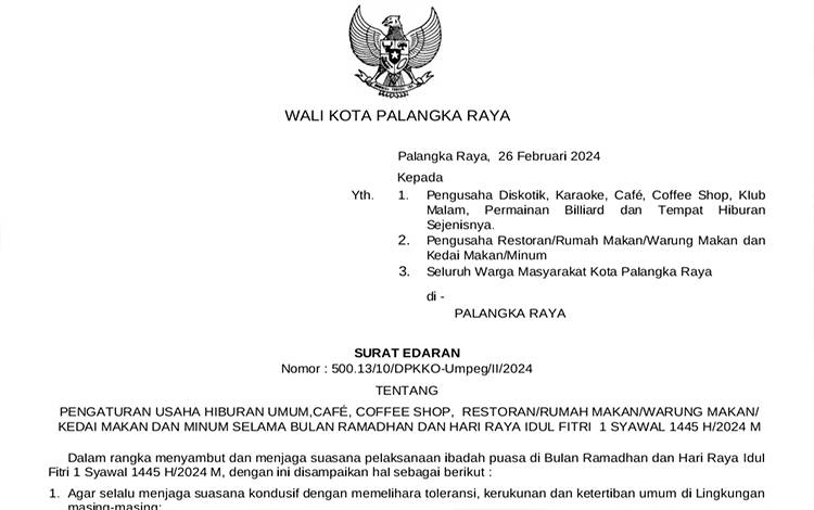 Pj Wali Kota Palangka Raya Keluarkan Aturan Usaha Hiburan Selama Ramadan