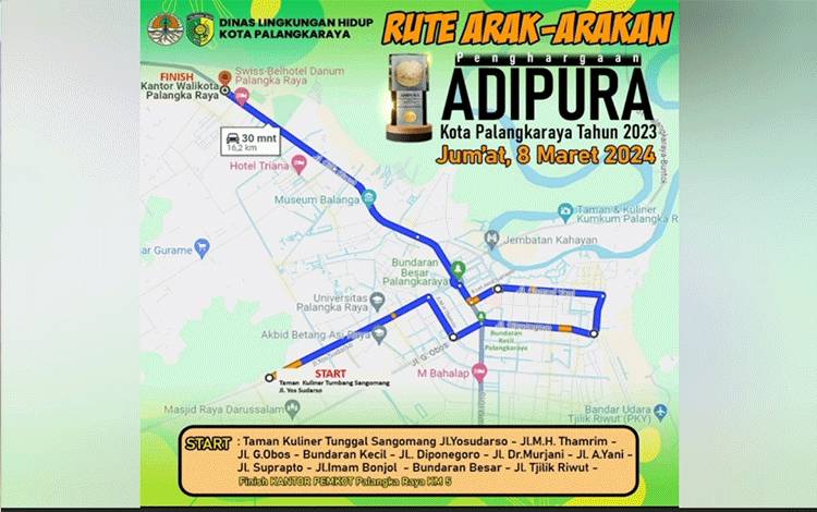 Ini Rute Arak-Adakan Piala Adipura Palangka Raya Besok