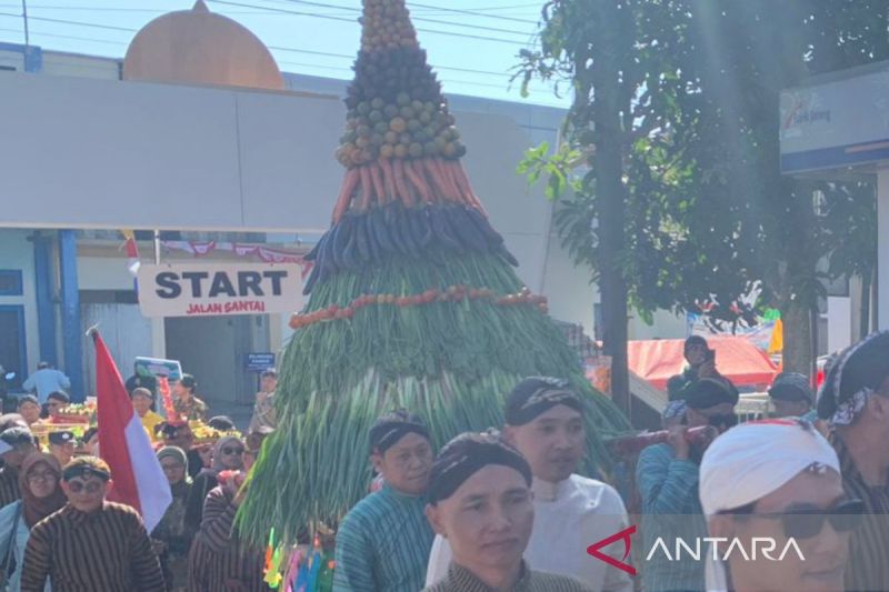 Warga membawa gunungan yang terbuat dari sayur-sayuran dan buah-buahan mada kegiatan merti bumi di Kecamatan Bulu, Kabupaten Temanggung, Kamis. ANTARA/Heru Suyitno