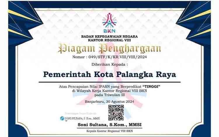 Pemko Palangka Raya Raih Piagam Penghargaan dari Kanreg VIII BKN