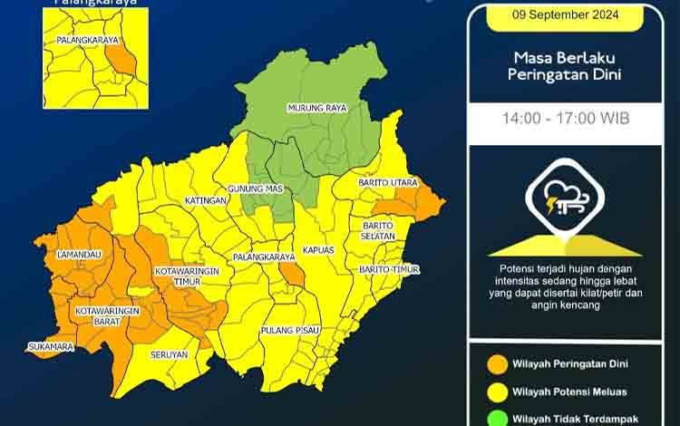 Waspada Hujan Sedang hingga Lebat di Sebagian Besar Kalteng, 9 - 11 September 2024
