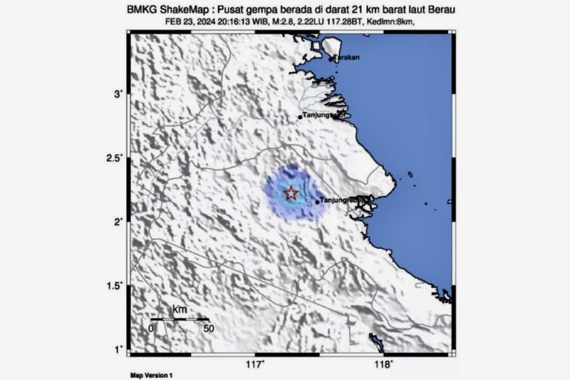 Peta menunjukkan gempa tektonik magnitudo 2,8 pada kedalaman delapan kilometer di darat pada jarak 21 kilometer arah barat laut Kabupaten Berau, Kalimantan Timur, Jumat (24/2/2024). (ANTARA/HO-BMKG)