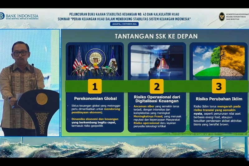 Tangkapan virtual Deputi Gubernur Bank Indonesia (BI) Juda Agung dalam acara Peluncuran Kajian Stabilitas Keuangan (KSK) Nomor 43 dan aplikasi Kalkulator Hijau, di Gedung BI, Jakarta, Rabu (2/10/2024). ANTARA/M. Baqir idrus Alatas
