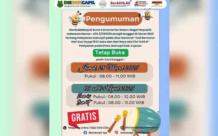 Disdukcapil Kapuas Tetap Buka Layanan di Tanggal Ini saat Libur Cuti Bersama