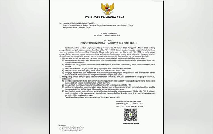 Wali Kota Palangka Raya Keluarkan Surat Edaran Pengendalian Sampah Lebaran