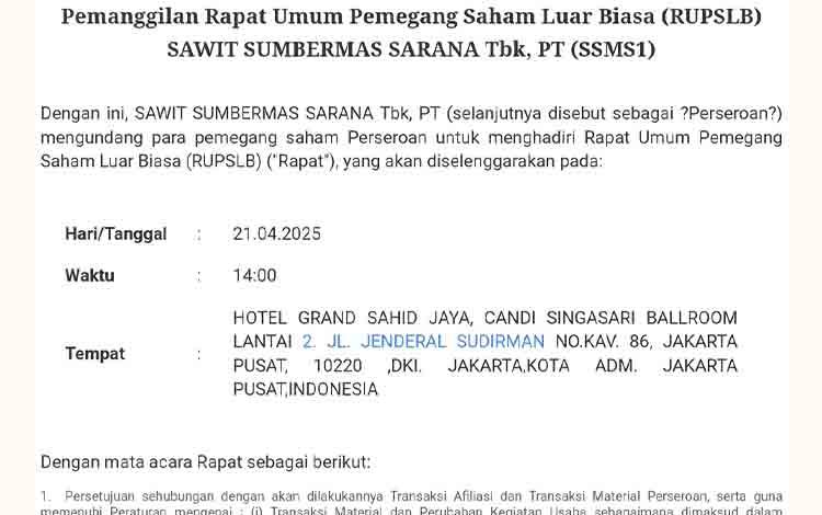 SSMS dan CBUT Bersiap Gelar RUPS untuk Persetujuan Strategis