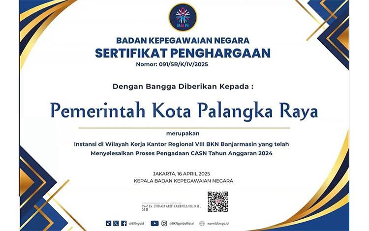 Pemko Palangka Raya Raih Penghargaan dari BKN atas Keberhasilan Pengadaan CASN 2024