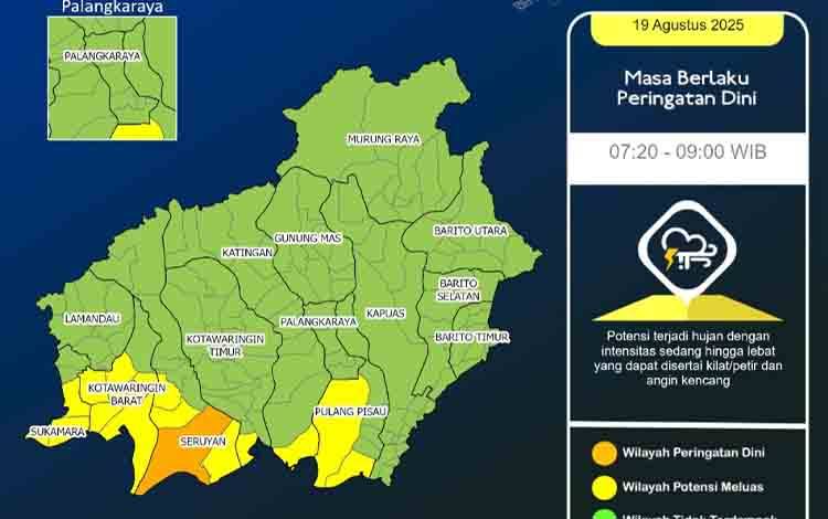 Waspada Potrensi Hujan Lebat dan Angin Kencang di Kalteng Sepekan Kedepan