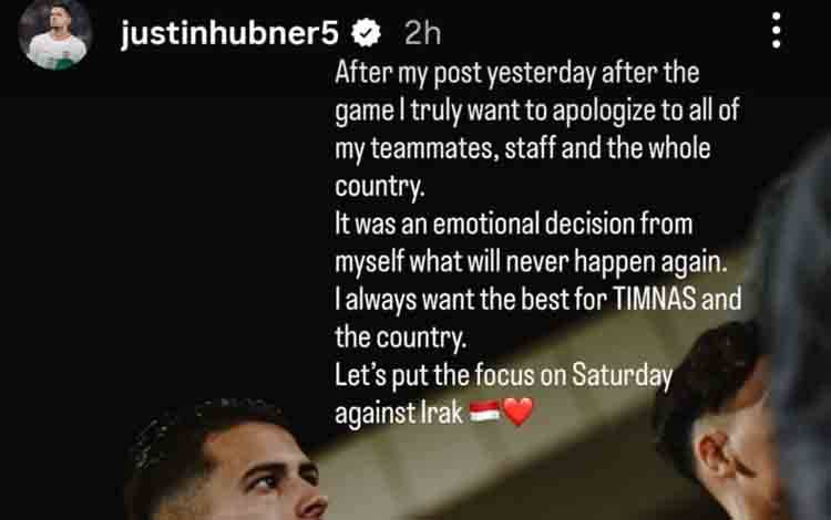 Justin Hubner Minta Maaf dan Ajak Fokus ke Laga Lawan Irak