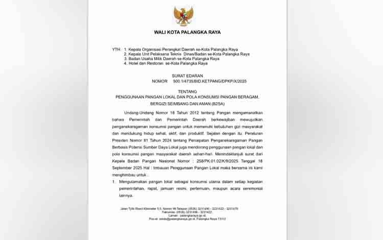 Wali Kota Palangka Raya Terbitkan Edaran Penggunaan Pangan Lokal dan Pola Konsumsi B2SA