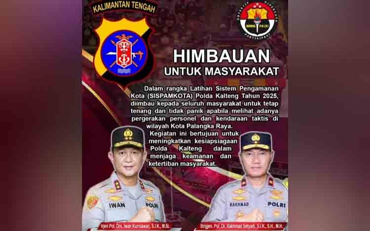 Polda Kalteng akan Gelar Latihan Sispamkota, Masyarakat Diimbau Tetap Tenang