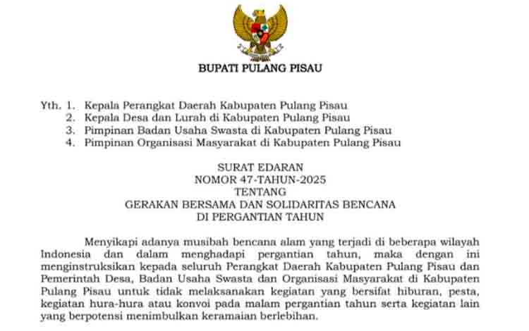 Bupati Pulang Pisau Terbitkan Surat Edaran Tidak Lakukan Pesta Tahun Baru demi Solidaritas Korban Bencana