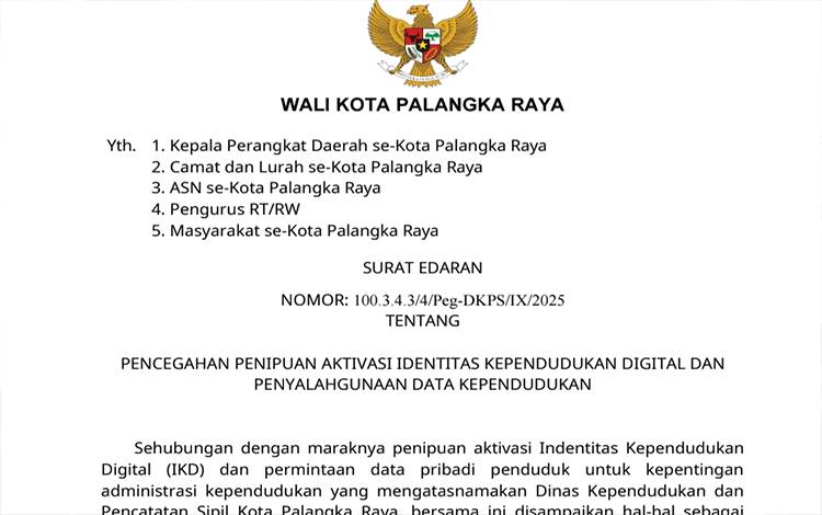 Waspadai Penipuan Data Kependudukan, Wali Kota Palangka Raya Keluarkan Surat Edaran