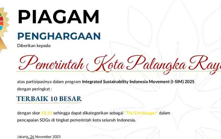 Palangka Raya Masuk 10 Besar Capaian SDGs Nasional