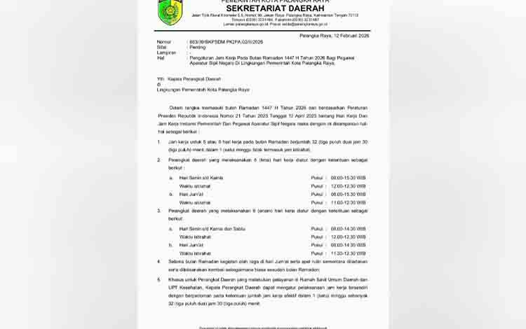 Pemko Palangka Raya Tetapkan Jam Kerja ASN Bulan Ramadan 1447 Hijriah