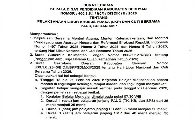 Disdik Seruyan Terbitkan Edaran Libur Khusus Puasa dan Cuti Bersama Idul Fitri 1447 Hijriah