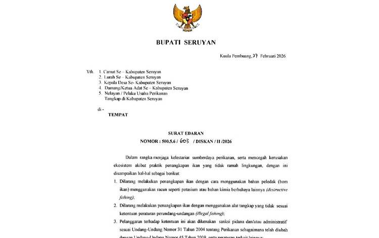 Empat Poin Edaran Bupati Seruyan untuk Jaga Kelestarian Sumber Daya Perikanan