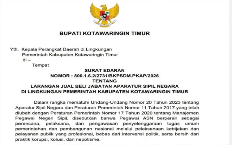 Bupati Kotim Tegaskan Larangan Jual Beli Jabatan ASN untuk Menjamin Sistem Merit