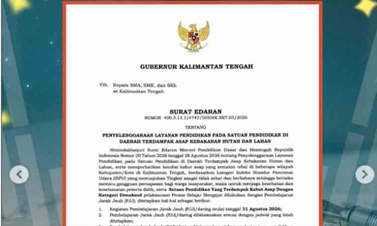 Pemprov Kalteng Tetapkan PJJ di Daerah Terdampak Kabut Asap Mulai 31 Agustus 2026