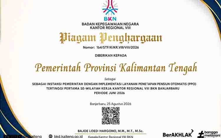 Pemprov Kalteng Raih Penghargaan Pertama se-Wilayah BKN VIII atas Layanan PPO