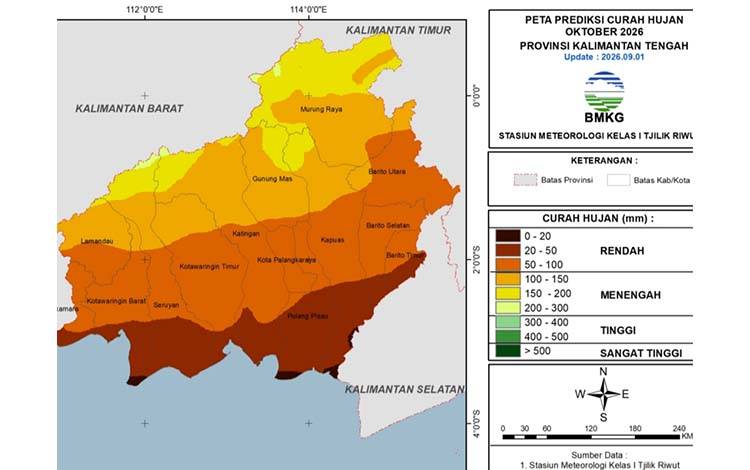 Oktober Diprediksi Masih Minim Hujan, Curah Hujan Kalteng Termasuk Kapuas 0-100 Milimeter